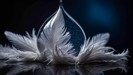 Beautiful feather and water drops on black background. Close-up.の素材