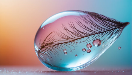 Beautiful color feather and water drops on white background, soft focusの素材