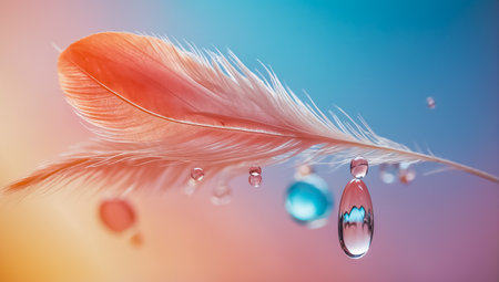 Beautiful color feather and water drops on white background, soft focusの素材