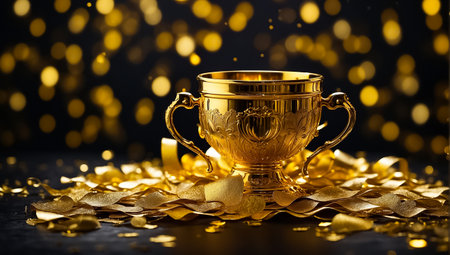 Golden trophy cup with gold confetti on bokeh background.の素材