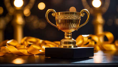Golden trophy cup with gold confetti on bokeh background.の素材