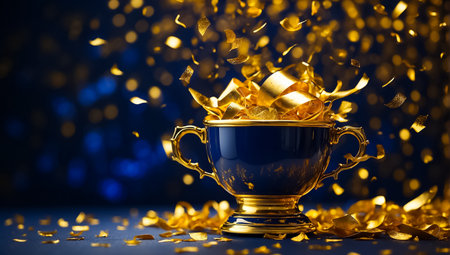 Golden trophy cup with gold confetti on bokeh background.の素材
