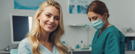 Beautiful young woman sitting in a dental chair and looking at cameraの素材