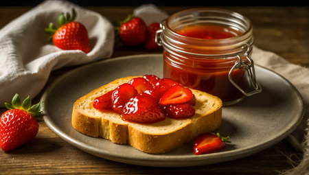 Strawberry jam and toast bread on wooden background, top viewの素材