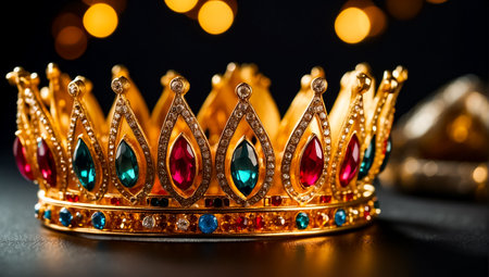 Three golden crowns on a black background. Selective focus.の素材