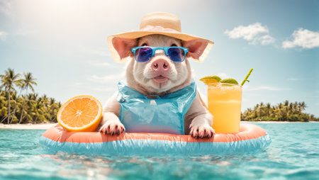Cute pig in sunglasses and hat on inflatable ring in swimming poolの素材
