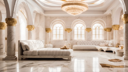 Beautiful luxury hotel lobby interior with marble floor and sea view. 3d renderingの素材