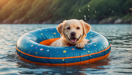 Cute dog in lifebuoy floating on the sea at sunsetの素材