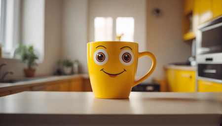 Coffee mugs with smiley faces on wooden table in kitchenの素材
