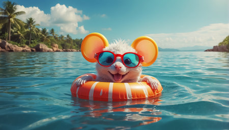 Cute mouse in the swimming pool with sunglasses. 3d renderingの素材