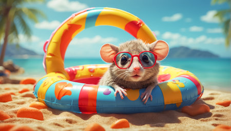 Cute mouse in the swimming pool with sunglasses. 3d renderingの素材