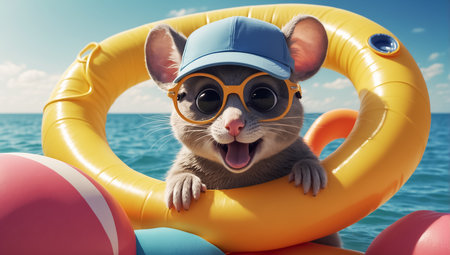 Cute mouse in the swimming pool with sunglasses. 3d renderingの素材