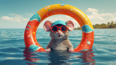 Cute mouse in the swimming pool with sunglasses. 3d renderingの素材
