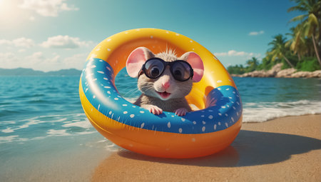 Cute mouse in the swimming pool with sunglasses. 3d renderingの素材