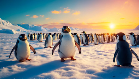 Group of penguins at sunset on the beach. Beautiful winter landscapeの素材