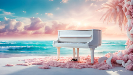 3d rendering of yellow grand piano on the beach with falling coinsの素材