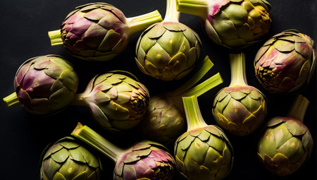 Fresh artichokes on a dark background. Selective focus.の素材