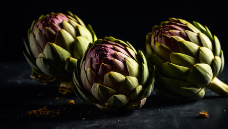Fresh artichokes on a dark background. Selective focus.の素材