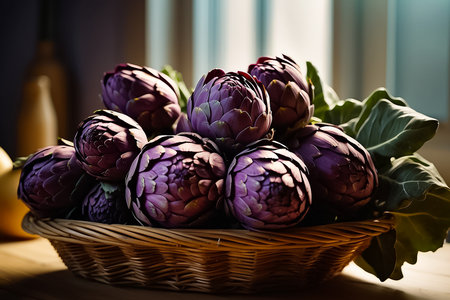 Artichokes in a basket on a wooden table. Dark background.の素材