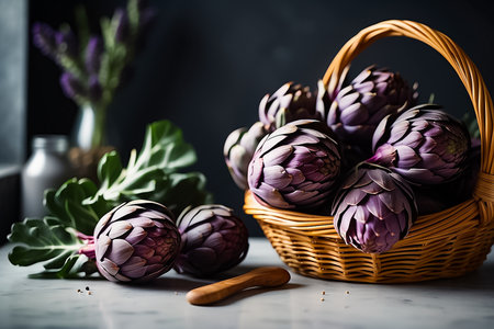purple artichokes in a wicker basket on a dark backgroundの素材