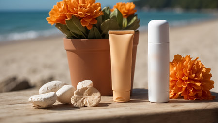 Sunscreen bottle with flowers on a wooden table on a background of the seaの素材