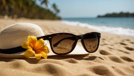 Beach hat and sunglasses on the sand with sea and sky backgroundの素材
