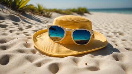 Beach hat and sunglasses on the sand with sea and sky backgroundの素材
