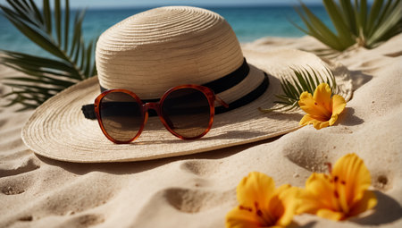 Beach hat and sunglasses on the sand with sea and sky backgroundの素材