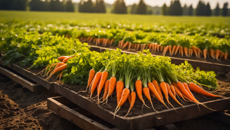 Harvested carrots in wooden boxes on the field. Selective focus.の素材