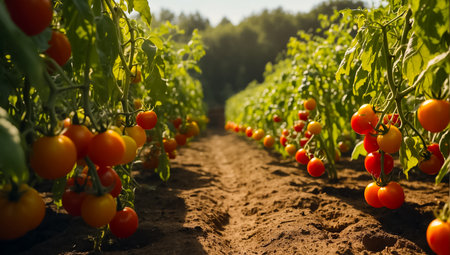 Ripe red and yellow tomatoes growing on a branch in a greenhouseの素材
