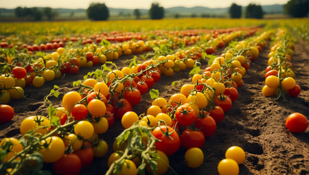 Ripe red and yellow tomatoes growing on a branch in a greenhouseの素材