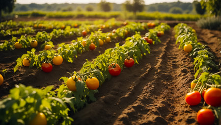 Ripe red and yellow tomatoes growing on a branch in a greenhouseの素材