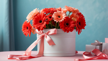 Beautiful bouquet of gerbera flowers in turquoise vase and candles on tableの素材