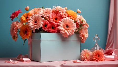 Beautiful bouquet of gerbera flowers in turquoise vase and candles on tableの素材