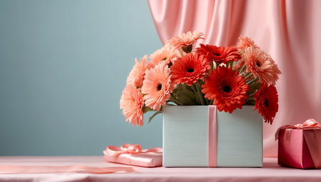 Beautiful bouquet of gerbera flowers in turquoise vase and candles on tableの素材