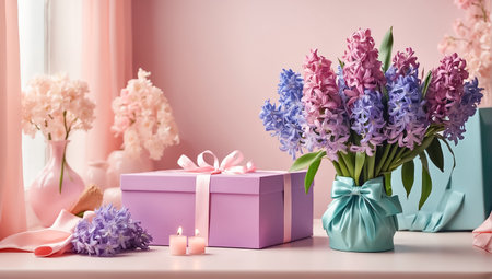 Bouquet of hyacinths and gift box on tableの素材