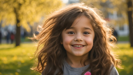 selective focus of smiling little girl sitting on grass and looking at cameraの素材