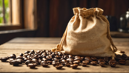coffee beans in a burlap sack on a wooden background.の素材