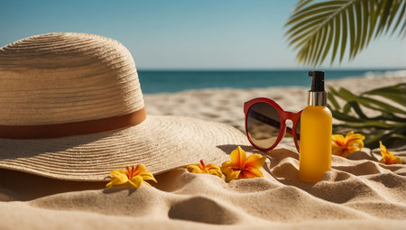 Sunscreen, hat, sunglasses on sea backgroundの素材