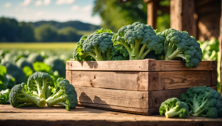 Rows of Romanesco broccoli in a wooden box on a fieldの素材