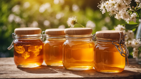Honey in glass jars on a wooden table in the garden.の素材