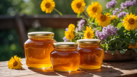 Honey in glass jars on a wooden table in the garden.の素材