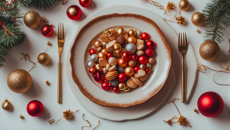 Christmas table setting with christmas tree and decorations on wooden background.の素材