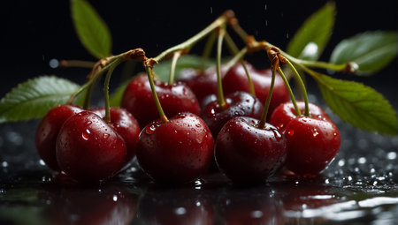 Fresh cherries with water drops on a black background. Selective focus.の素材