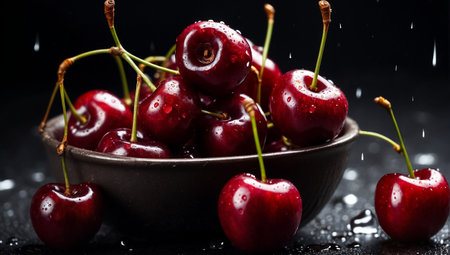 Fresh cherries with water drops on a black background. Selective focus.の素材