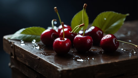 Fresh cherries with water drops on a black background. Selective focus.の素材