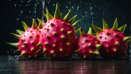 Dragon fruit on a white plate with water drops on a black backgroundの素材