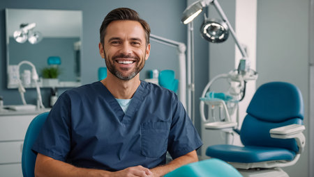 smiling dentist looking at camera while sitting in dental chair at clinicの素材