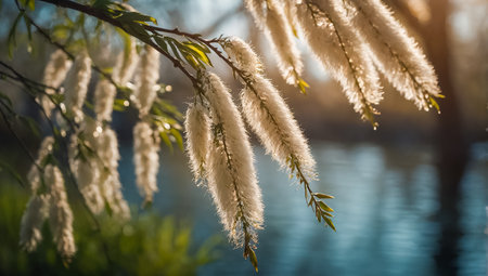 fluffy willow branch in nature sunlightの素材