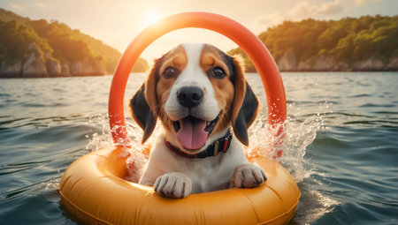 Cute dog in a swimming circle at sea outdoorの素材